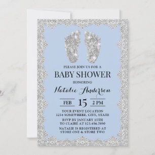 Rustic Laced Silver Feet Light Blue Baby Shower Invitation