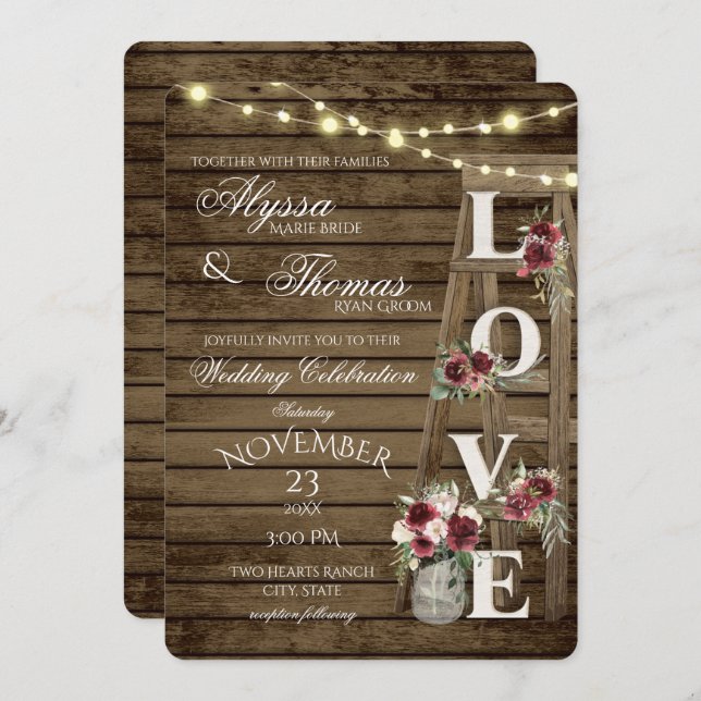 Rustic Ladder and Lights Love Burgundy Wedding  Invitation (Front/Back)