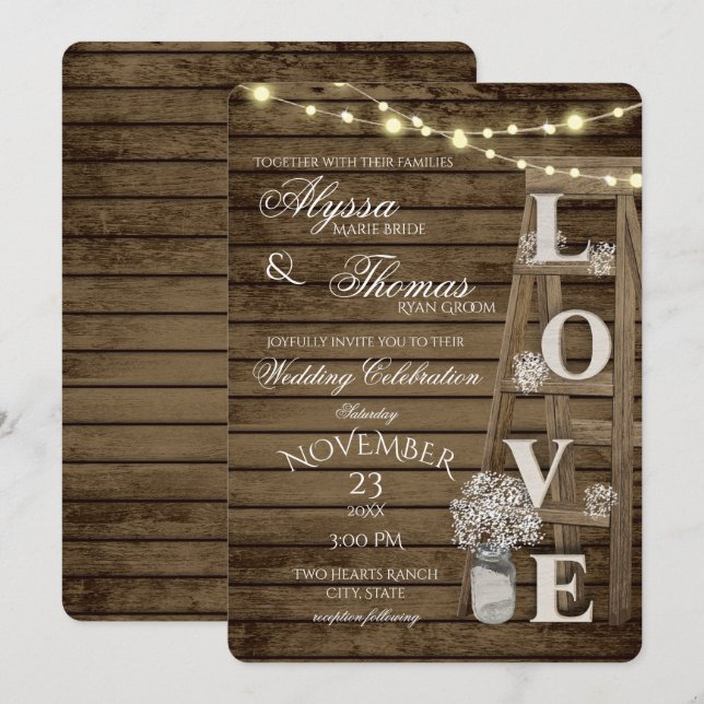 Rustic Ladder and Lights Love Wedding Invitation (Front/Back)