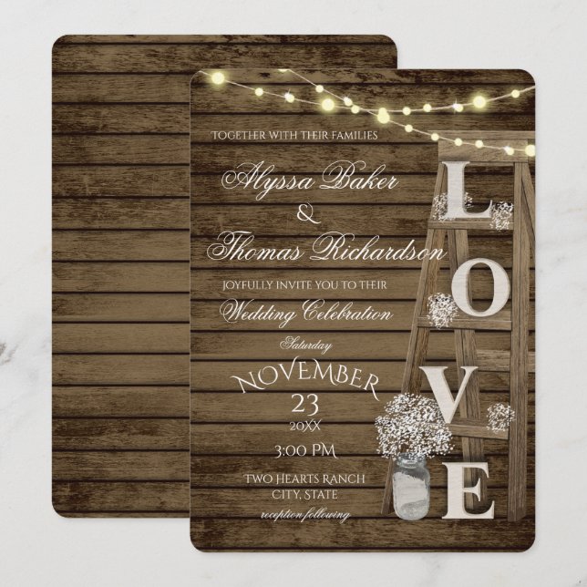 Rustic Ladder and Lights Love Wedding Invitation (Front/Back)