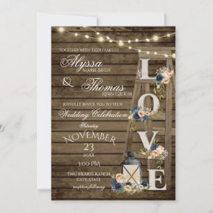 Rustic Ladder and Lights Vintage Blue Love Wedding Invitation