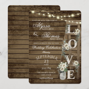 Rustic Ladder and White Roses Love Wedding Invitation