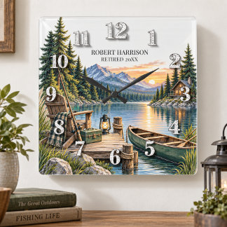 Rustic Lake Fishing Retirement Gift Square Wall Clock