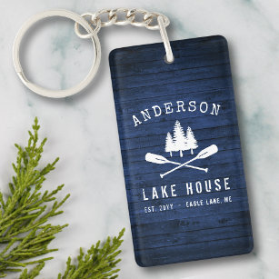 Rustic Lake House Boat Oars Tree Blue Wood 2 Sided Keychain