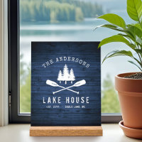 Rustic Lake House Boat Oars Trees Blue Wood Print