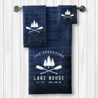 Rustic Lake House Boat Oars Trees Blue Wood Print