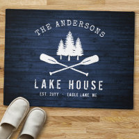 Rustic Lake House Boat Oars Trees Blue Wood Print