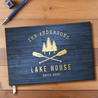 Rustic Lake House Boat Oars Trees Blue Wood Print Guest Book