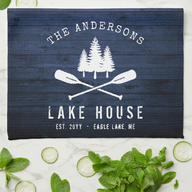 Rustic Lake House Boat Oars Trees Blue Wood Print Kitchen Towel (Folded)