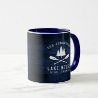 Rustic Lake House Boat Oars Trees Blue Wood Print