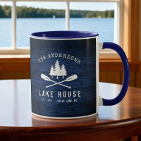 Rustic Lake House Boat Oars Trees Blue Wood Print