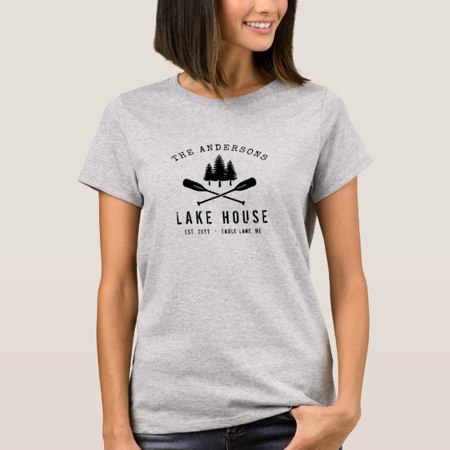 Rustic Lake House Boat Oars Trees Family Name T-Shirt (Front)