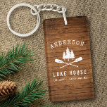 Rustic Lake House Boat Oars Trees Wood 2 Sided Keychain<br><div class="desc">Accent the keys to your holiday vacation home with beautiful, rustic themed 2 sided keyrings. This keychain is rectangle shaped, made of durable acrylic and features your personalized family name and "Lake House" or other desired text along with its established date and location. The custom, unique design features a white...</div>