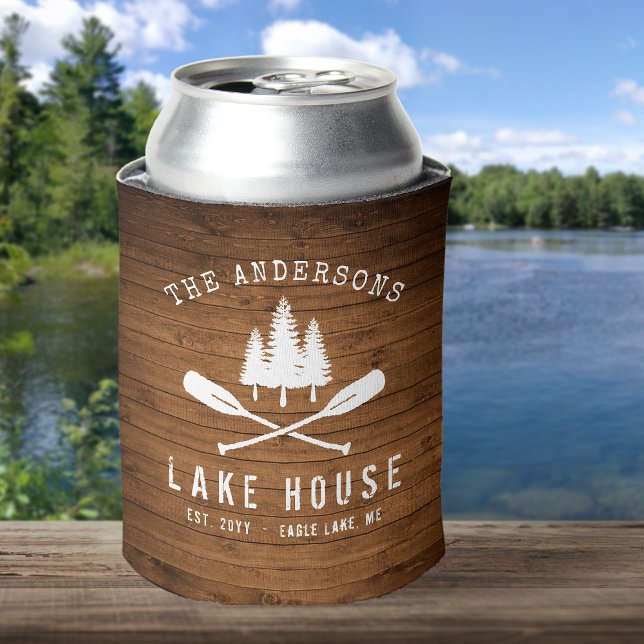 Rustic Lake House Boat Oars Trees Wood Print Can Cooler (Creator Uploaded)