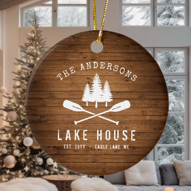 Rustic Lake House Boat Oars Trees Wood Print Ceramic Ornament (Creator Uploaded)