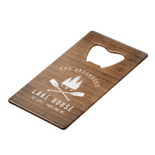 Rustic Lake House Boat Oars Trees Wood Print Credit Card Bottle Opener