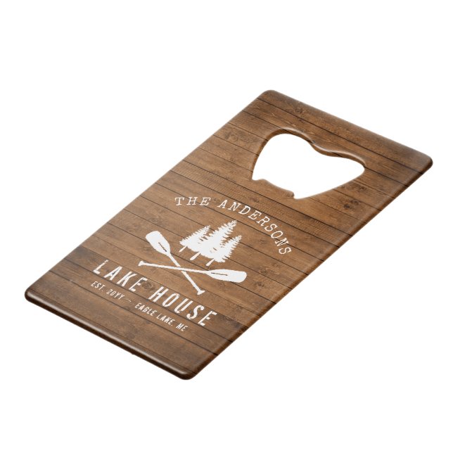 Rustic Lake House Boat Oars Trees Wood Print Credit Card Bottle Opener (Front Angled)