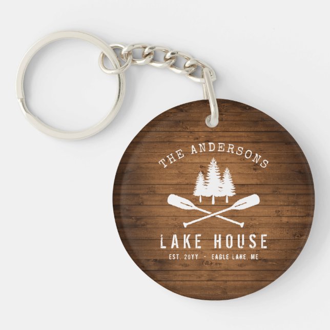Rustic Lake House Boat Oars Trees Wood Print Keychain (Front)