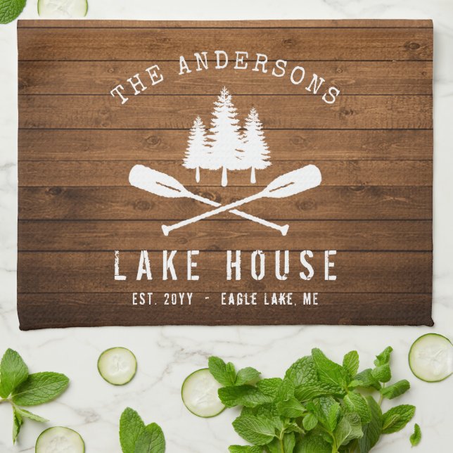 Rustic Lake House Boat Oars Trees Wood Print Kitchen Towel (Folded)