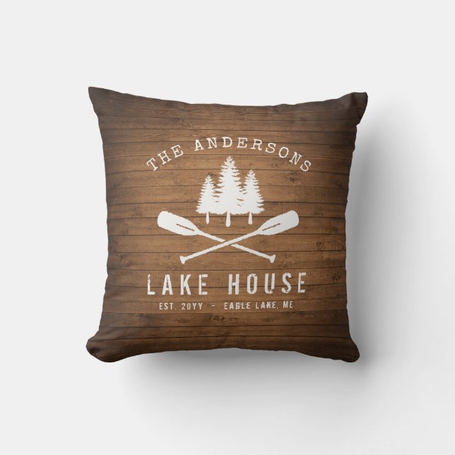 Rustic Lake House Boat Oars Trees Wood Print Outdoor Pillow (Front)