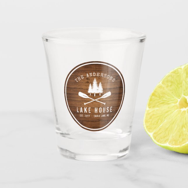 Rustic Lake House Boat Oars Trees Wood Print Shot Glass (Front)