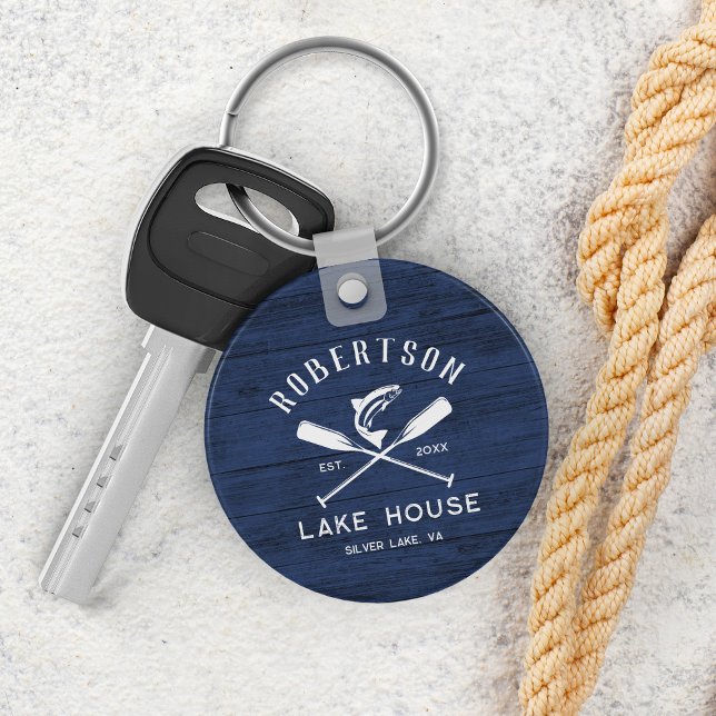Rustic Lake House Family Name Blue Wood Keychain (Creator Uploaded)