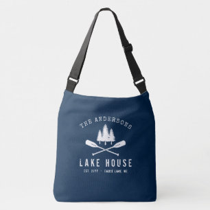 Rustic Lake House Family Name Boat Oars Trees Crossbody Bag
