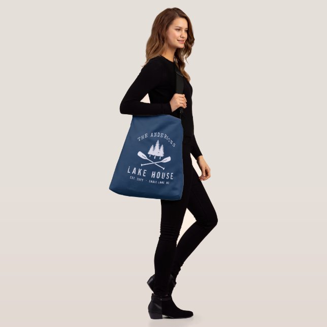 Rustic Lake House Family Name Boat Oars Trees Crossbody Bag (On Model)