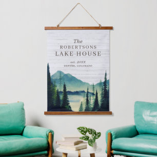 Rustic Lake House Family Name Hanging Tapestry