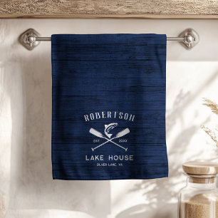 Rustic Lake House Family Name Navy Blue Wood Kitchen Towel