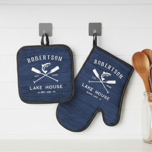 Rustic Lake House Family Name Navy Blue Wood Oven Mitt & Pot Holder Set