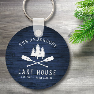 Rustic Lake House Oars Trees Blue Wood Print Round Keychain