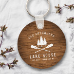 Rustic Lake House Oars Trees Wood Print Round Keychain<br><div class="desc">A beautiful, rustic themed round keychain, featuring your family name and "Lake House" or other desired text along with its established date and location. This custom, unique design features a white silhouette of crossed boat oars and pine trees on a print of wood planks. To see more designs like this,...</div>