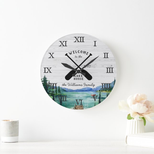 Rustic Lake House Themed | Family Name Large Clock (Home)