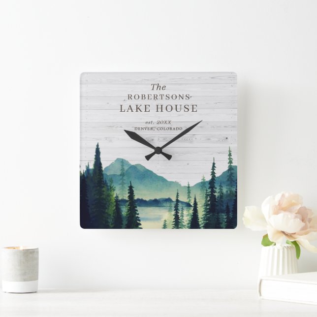 Rustic Lake House Themed | Family Name Square Wall Clock (Home)