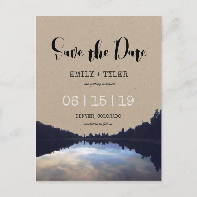 Rustic Lake Reflections Lakeside Save The Date Announcement Postcard (Front)