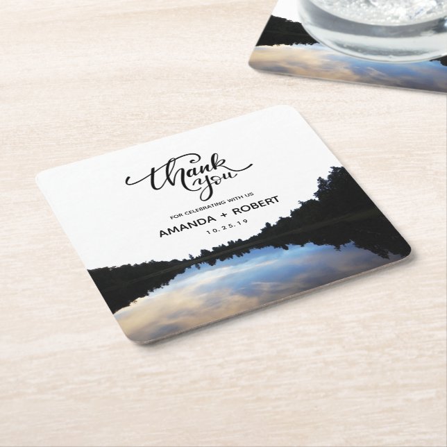 ©Rustic Lake Reflections Lakeside Wedding Favour Square Paper Coaster (Angled)