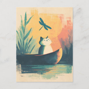 Rustic Lake Vintage Cat Adventure Announcement Postcard