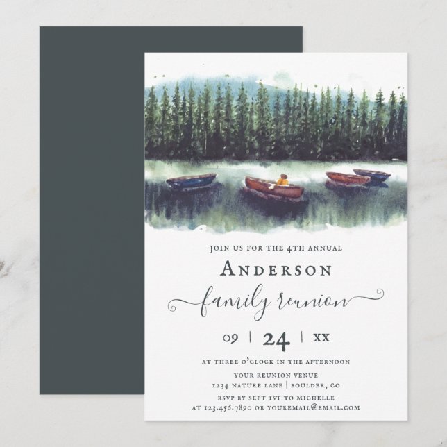 Rustic Lake with Boats/Canoes Family Reunion Invitation (Front/Back)