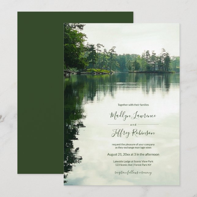 Rustic lakeside evergreens reflection wedding invitation (Front/Back)