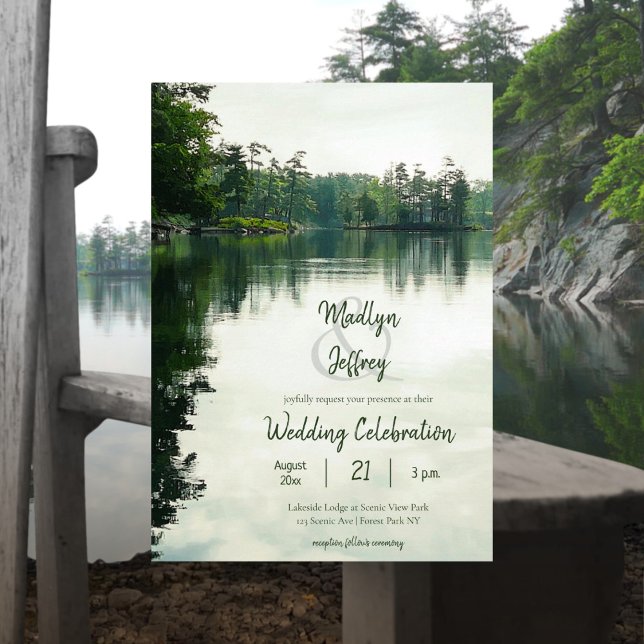 Rustic lakeside evergreens reflection wedding invitation (Creator Uploaded)