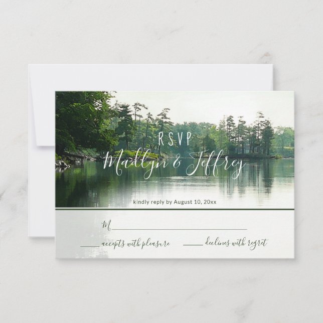 Rustic lakeside evergreens reflection wedding rsvp card (Front)