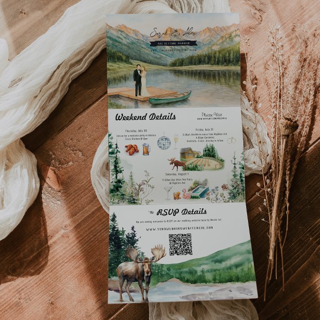 Rustic Lakeside Mountain | Illustrated Wedding Tri-Fold Invitation (Creator Uploaded)