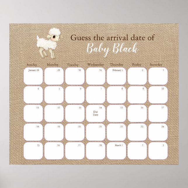 Rustic Lamb Baby Shower Due Date Calendar Poster (Front)