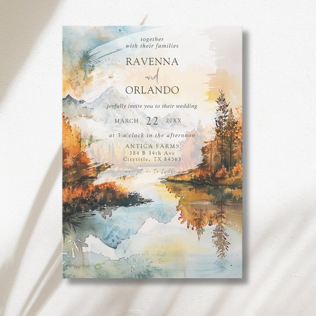 Rustic Landscape Mountain Lake Fall Wedding Invitation (Creator Uploaded)