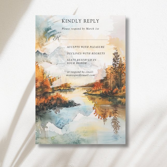 Rustic Landscape Mountain Lake Fall Wedding RSVP Card (Creator Uploaded)