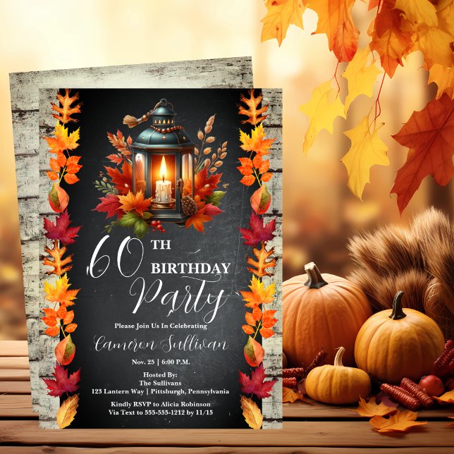 Rustic Lantern and Leaves Fall 60th Birthday Party Invitation (Candlelit Lantern and Fall | Autumn Leaves 60th Birthday Party Celebration Invitation)