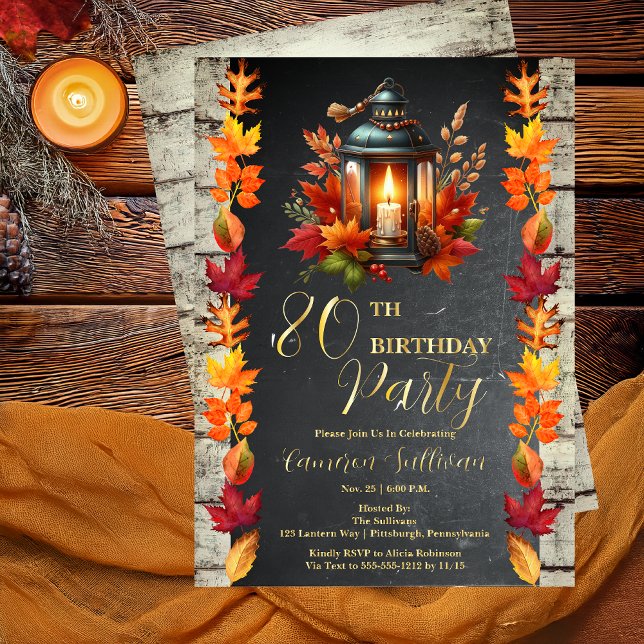 Rustic Lantern and Leaves Fall 80th Birthday Party (Rustic Elegance Lantern and Leaves Fall | Autumn 80th Birthday Party Foil Invitation)