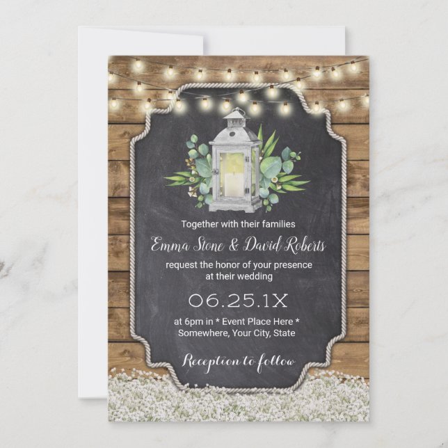 Rustic Lantern Baby's Breath Floral Barn Wedding Invitation (Front)