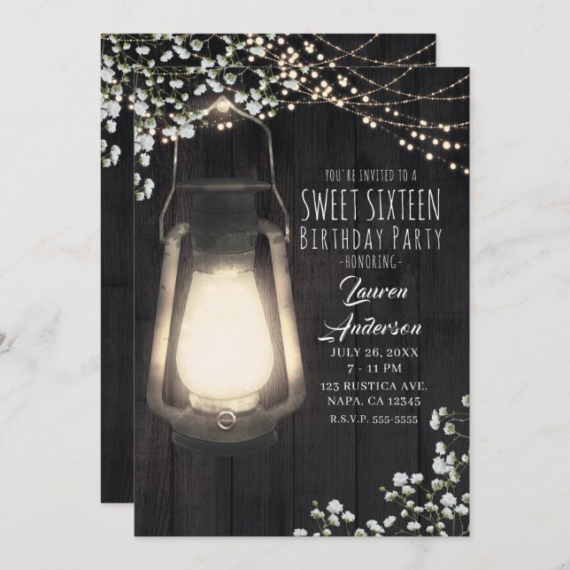Rustic Lantern Baby's Breath Lights Sweet 16 Party Invitation (Front/Back)